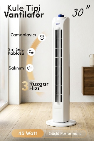 7go 7gtf1 30 İnç Kule Tipi Vantilatör 45w Güçlü Motor, 3 Kademeli Hız, Salınımlı, Zamanlayıcılı To