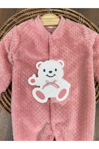 Peluş Ayıcık Nakışlı Patikli Çıtçıtlı Kışlık Erkek Bebek Tulum Pembe