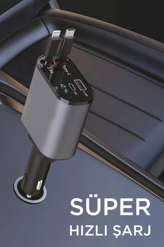 100w Süper Hızlı Araç Şarj Cihazı Çift Type-c & Lightning Kablo, Dijital Göstergeli, 80cm Kablo