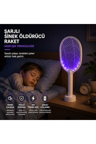 Şarjlı Sinek Öldürücü Raket 5w Mor Işık Uv Sinek Kovucu, Masaüstü Standlı, Usb Şarjlı Elektrikli Böcek Öldürücü 001