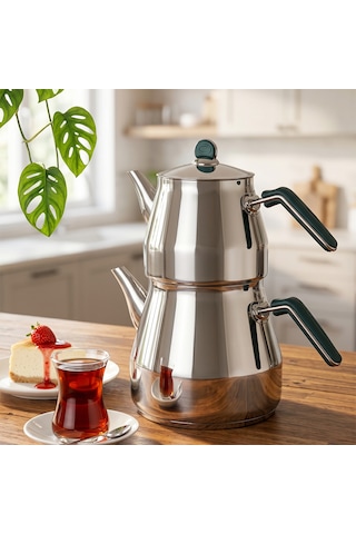 Porsima 1027-2 Prizma Bakalit Metal Kulp Mega Boy Paslanmaz Çelik Çaydanlık Takımı Yeşil - 2,20-4 Lt