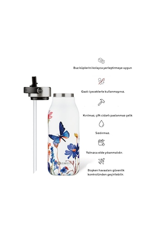 Les Artistes Paris Isı Yalıtımlı Çelik Termos 1000ml Floral Butterfly Çok Renkli - Beyaz