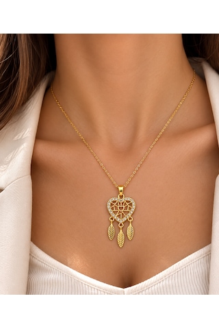Kalp Figürlü Dreamcatcher Çelik Gold Kolye