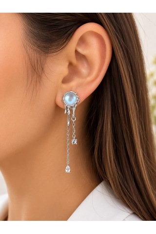 Cm Jewelry Zirkon Taşlı Yıldız Detaylı Sallantılı Gümüş Renk Çelik Küpe