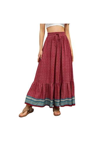 Kadın Bohem Retro Baskılı Salıncak Etek Kırmızı