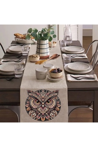 Renkli Baykuş Runner, Runer, Masa Örtüsü, Sofranıza Zarafet Katın Runner, Masa Örtüsü Krem