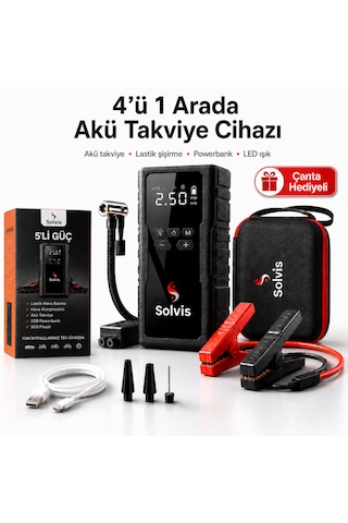 Solvis 4'ü 1 Arada 12v Akıllı Akü Takviye Cihazı, Lastik Şişirme, Powerbank Ve Led Aydınlatma Çanta Hediyeli