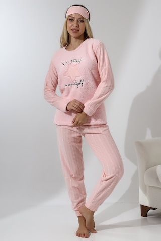 Wordex Fawn 5018 Peluş Welsoft Polar Kışlık Yıldızlı Yumoş Kadın Pijama Takımı Toz Pembe