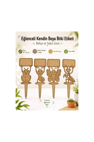 Arliadesign Kendin Boya Ahşap Bitki Etiketi 4 Lü 10x30 Cm Eğlenceli Böcek Figürlü Bahçe Ve Saksı Süsü, Ham Mdf