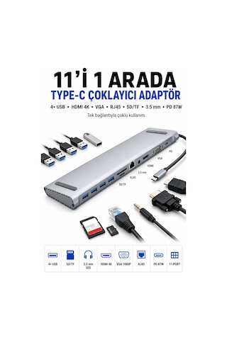 11in1 Çoklayıcı Type-c 3.1 To 4k Hdmi Vga Usb-c Ethernet Usb Çoklayıcı Sd Kart Okuyucu Çevirici Hub