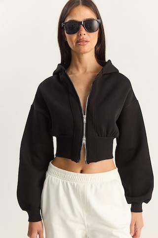 Shade Kadın Fermuarlı Kapüşonlu Belden Oturmalı Esnek Örme Crop Sweatshirt 60283858 - Siyah
