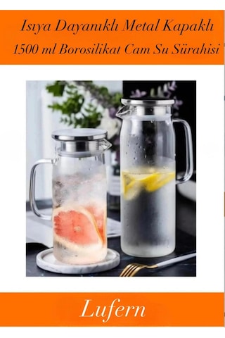 Özel Üretim 1500 Ml Borosilikat Cam Su Sürahisi Metal Kapaklı Ve Isıya Dayanıklı Çay Meyve Suyu