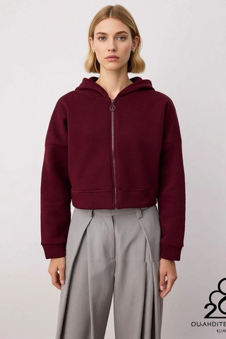 Benerly Kadın Kapüşonlu Fermuarlı Düşük Kol Örme Sweatshirt Fonksiyonel D Bordo