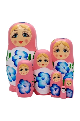 Mobgift Ahşap Tombul Iç Içe Matruşka Bebek 7li Set Pembe