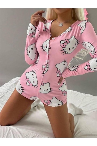 Avastyle Pamuklu Pembe Hello Kitty Desenli Düğmeli Uzun Kol Tulum Pijama Pembe