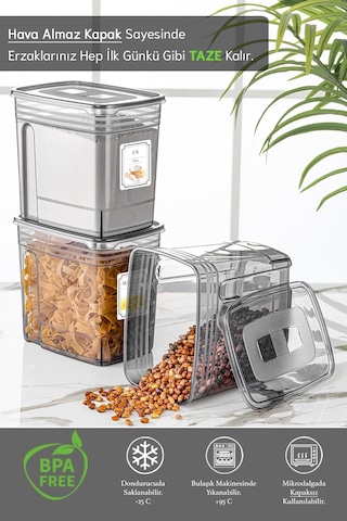 Meleni Home 3 Adet 5,5 Litre Mega Boy Lena Erzak Kabı - Kapaklı Un Ve Bakliyat Saklama Kabı - Malzeme Kutusu