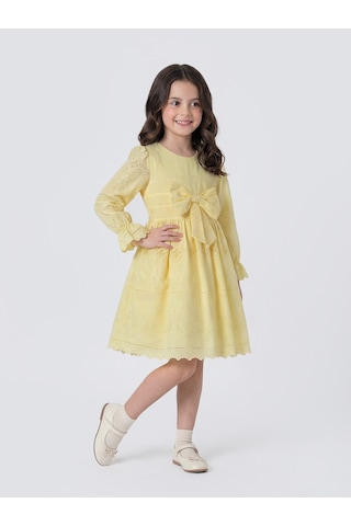 Pina Kids Kız Çocuk Uzun Kollu Önü Kurdelalı Fisto Elbise Sarı