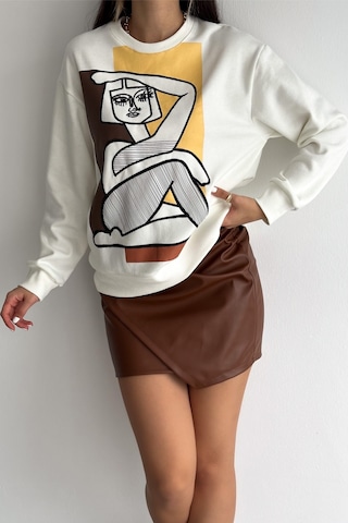 Femelle Nakış İşlemeli - İçi Pamuklu Sweatshirt Ekru