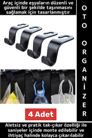 Kolay Montaj Oto Organizer Çanta Kıyafet Küçük Eşya Düzenleyici Şık Araba Koltuk Arkası Askı 4 Adet