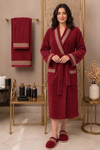 Premium %100 Pamuk Unisex Şalyaka Cepli Bornoz Seti 4 Parça Havlu Terlik Takımı Kırmızı Kırmızı
