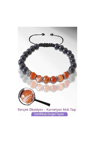Sertifikalı Doğal Obsidyen - Karnelyan Akik Taşı Bileklik - Ayarl Çok Renkli Sertifikalı Doğal Obsidyen - Karnelyan Akik Taşı Bileklik - Ayarl Çok Renkli