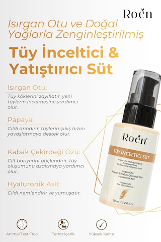 Tüy Azaltıcı, Tüy İnceltici Süt, Isırgan, Papaya & Hyaluronik Asit Özlü, Nemlendirici Etkili 60 Ml