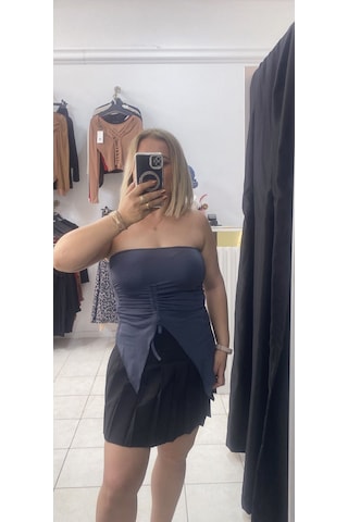 Tuba Toptaş Straplez Bluz Büzgülü Gri