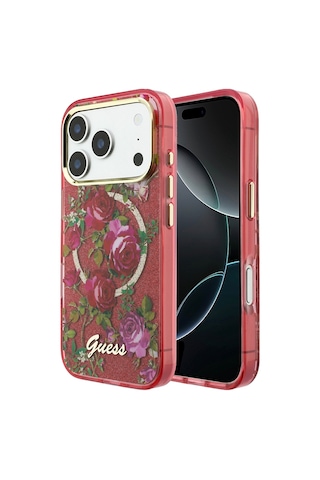 Apple iPhone Uyumlu 18 Pro Kılıf Guess Lisanslı M-safe Şarj Özellikli Gül Desenli Simli Yazı Logolu Kapak Bordo