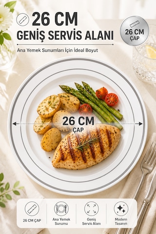 6'lı Gümüş Yaldızlı Plastik Tabak 26 Cm Porselen Görünümlü Kullan At Parti Davet Servis Tabağı
