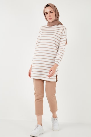 Lela Modest Çizgili Pamuklu Regular Fit Bisiklet Yaka Bayan Tunik 5865784 Bisküvi
