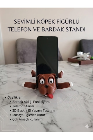 Sevimli Köpek Figürlü 2'si 1 Arada Telefon Standı Ve Bardak Altlığı - 3d Tasarım Kahverengi