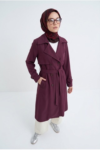 Armine Trend Belden Kuşaklı Aller Detaylı Tencel Kumaş Trençkot Bordo 26ytd714