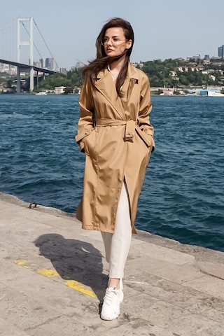 Düğmeli Kemerli Uzun Klasik Trençkot 2115 Camel