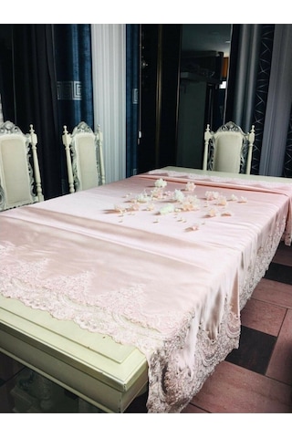 Secret House Fransız Güpürlü Masa Örtüsü Enna2 Pudra 160X220Cm