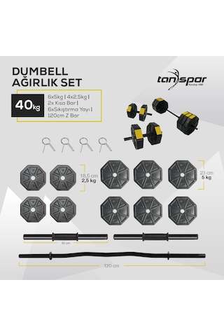 Tan Spor 40 KG Dambıl Ağırlık Halter  Kısa Bar ve Z Bar Seti