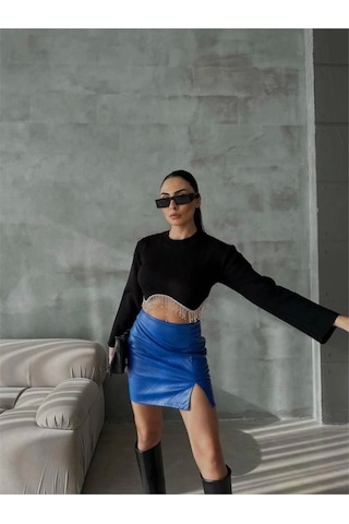 Defymoda Kapitone Deri Etek Yırtmaçlı - Saks Saks
