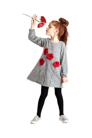 Denokids Kız Çocuk Kışlık Çiçek Desenli Triko Gri Uzun Kollu Fırfırlı Elbise 3-9 Yaş
