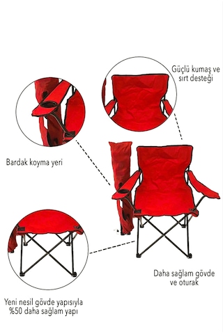 Eksiksepeti 2 Adet Katlanır Kamp Sandalyesi Taşıma Çantalı Bardaklıklı Kırmızı