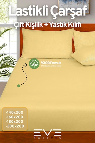 Eve Tekstil Pamuklu Çift Kişilik Rainforce Kumaş Lastikli Çarşaf Ve Yastık Kılıfı Set Sarı