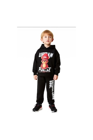 Ersefa Erkek Çocuk Kapüşonlu Sweatshirt Ve Eşofman Altı Kaplan Figürlü Ş Siyah