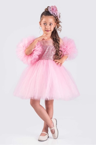 Kız Çocuk Abiye Elbise Ponpon Kol Pul Payetli Tütülü Pembe