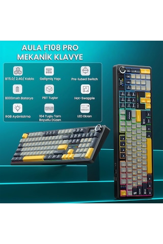 Aula F108 Pro Ekranlı Mekanik Klavye Reaper Switch Rgb Hot Swap 8000mah Makrolu Oyuncu Klavyesi Siyah