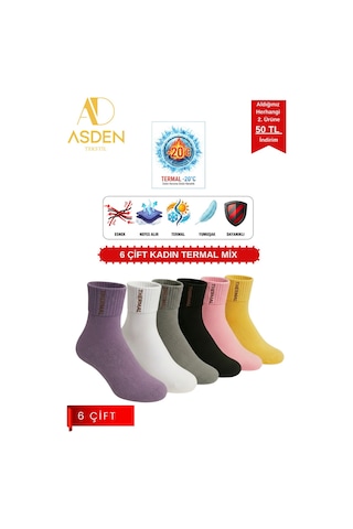 Asden Tekstil 6 Çift Kadın Termal Havlu Çorap - Kışlık Yumuşak - Premıum Pamuk - Burun Dikişsiz Beyaz Kadıntermal6lı-sarı