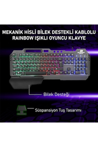 Gaming Klavye Mekanik Hisli Bilek Destekli Kablolu Rainbow Işıklı Oyuncu Klavye