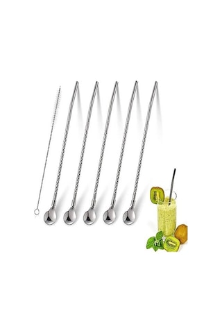 Mucit Home Kaşıklı Milkshake Pipeti Gümüş Paslanmaz Çelik 6'lı Pipet Seti+ 1 Adet Temizleme Fırçası