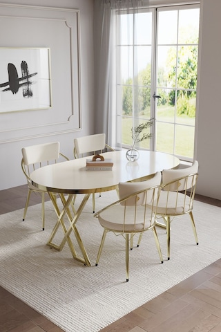 Selenit Mutfak Yemek Masası Takımı- 4 Kişilik Mutfak Masa Sandalye Takımı- Mutfak Masası Takımı Gold Düz Krem