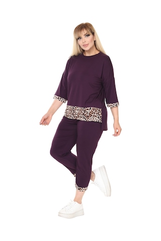 Melsay Butik Mor Leopar Şeritli Büyük Beden Kadın Kapri Takımı Mor