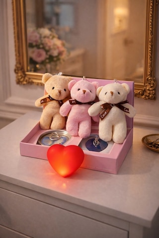 Sevgililer Gününe Romantik 3 Lü Hediye Seti İstiridye İnci Kolye 3 Adet Mini Peluş Ayı & Işıklı Kalp Çok Renkli