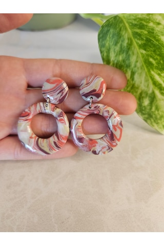 El Yapımı Polimer Kil Küpe - 14k Altın Kaplama Çelik Detaylı Ebru Desenli Halka Sallantılı Küpe Aura Swirl Ebruli