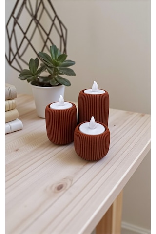 3 Lü Tealight Mumluk Seti Dekoratif Modern Silindir Tasarım-lüks Tasarım- Dekoratif Işık Seti Kahverengi
